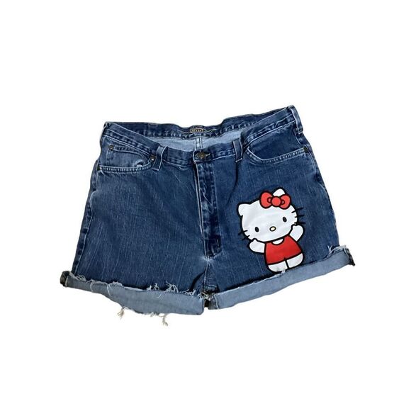 Upcycled Reworked Custom Distressed High Rise Jean Shorts 40 - Picture 1 of 11